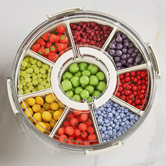 Round Food Storage Container with multi compartments filled with assorted fresh fruits