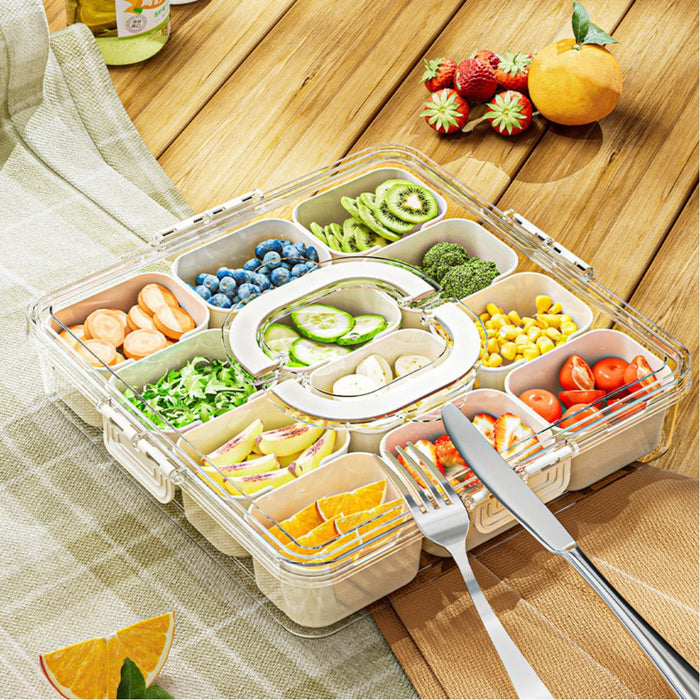 Pantry food storage container with divided compartments holding fruits and vegetables for picnic use