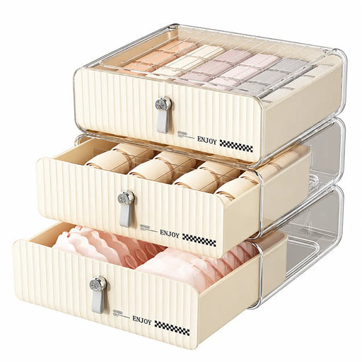 Cream underwear organiser storage boxes stacked with compartments for bras, underwear and socks