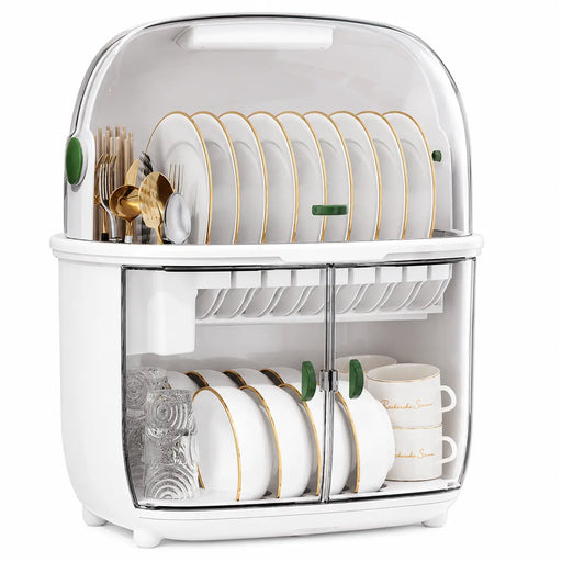 Two tier dish rack with enclosed storage and transparent doors in tinted black colour