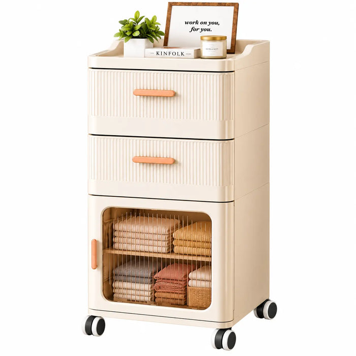 Storage cabinet with drawers and see-through storage compartment on wheels