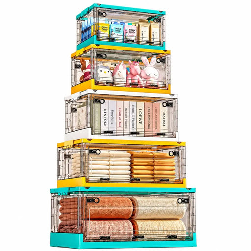 Foldable collapsible storage boxes stacked for organised household storage