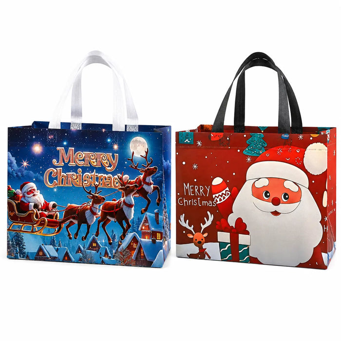 Santa Claus Christmas tote bags with festive Santa and reindeer designs in blue and red