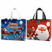 Santa Claus Christmas tote bags with festive Santa and reindeer designs in blue and red