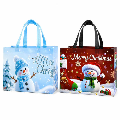 Snowman Christmas tote bags in light blue and red, featuring festive snowflakes, Christmas trees and cheerful snowman designs.