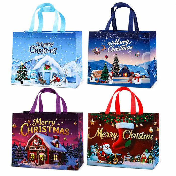 Christmas winter village tote bags featuring snowy houses, Christmas trees, Santa and snowmen