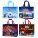 Christmas winter village tote bags featuring snowy houses, Christmas trees, Santa and snowmen