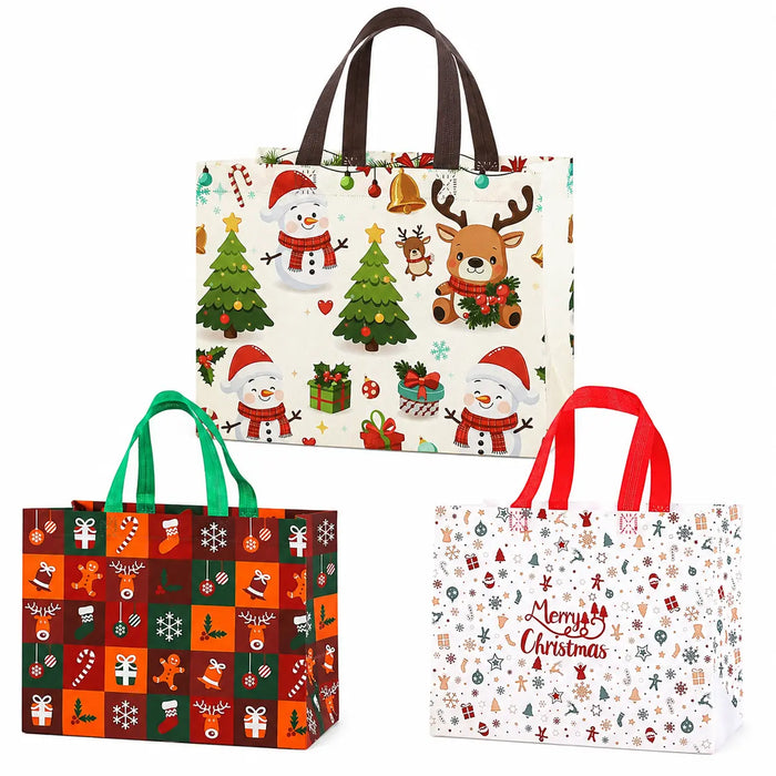 Christmas tote bags featuring snowmen, reindeer, Christmas trees, gifts, stockings and festive holiday patterns