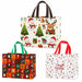 Christmas tote bags featuring snowmen, reindeer, Christmas trees, gifts, stockings and festive holiday patterns