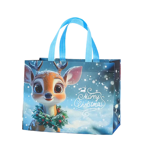 Light blue Christmas reindeer tote bag featuring a cute reindeer, snowflakes, holly and Merry Christmas design.