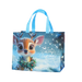 Light blue Christmas reindeer tote bag featuring a cute reindeer, snowflakes, holly and Merry Christmas design.
