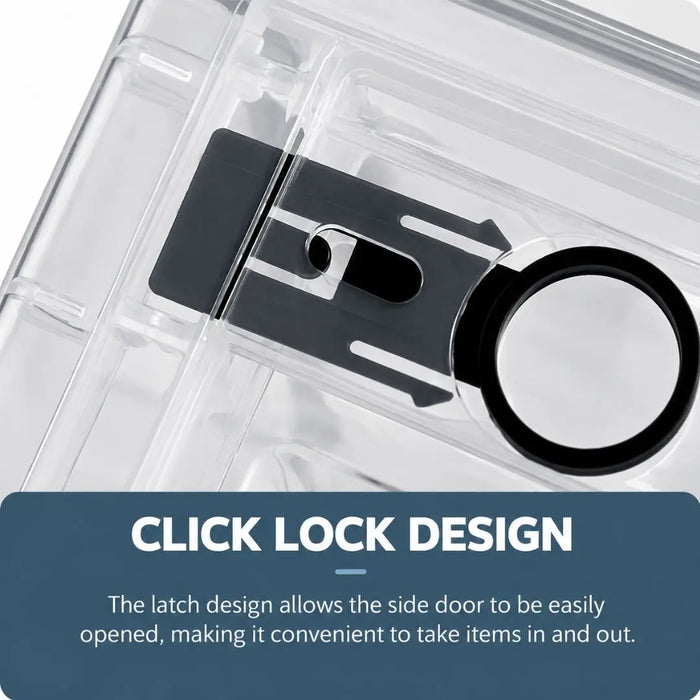 Foldable collapsible storage box with click-lock side door for easy access to stored items