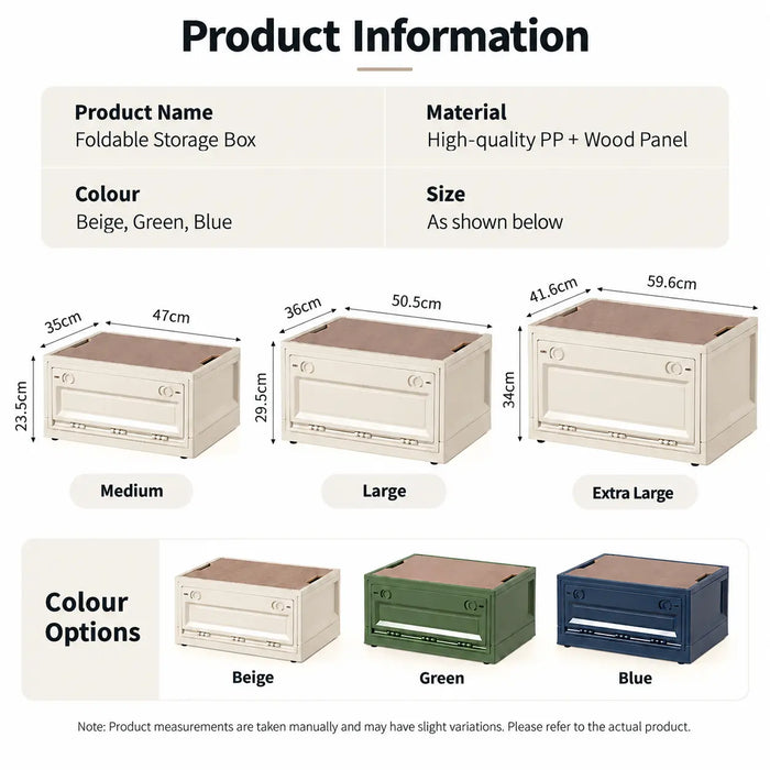 Camping storage box dimensions and colour options in beige, green and blue