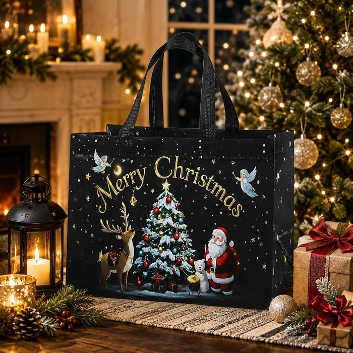 Black Christmas tote bag with decorated Christmas tree, Santa Claus and reindeer