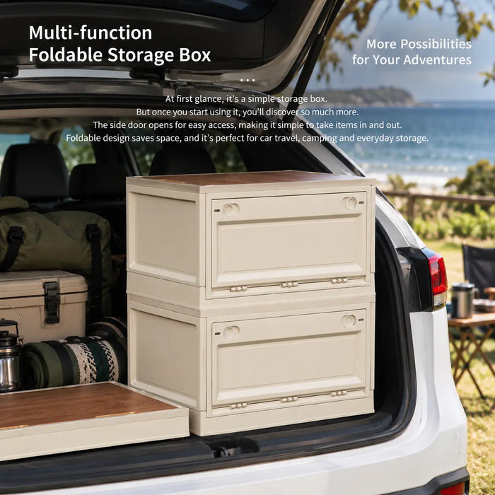 Foldable camping storage box with side access for car travel and outdoor adventures