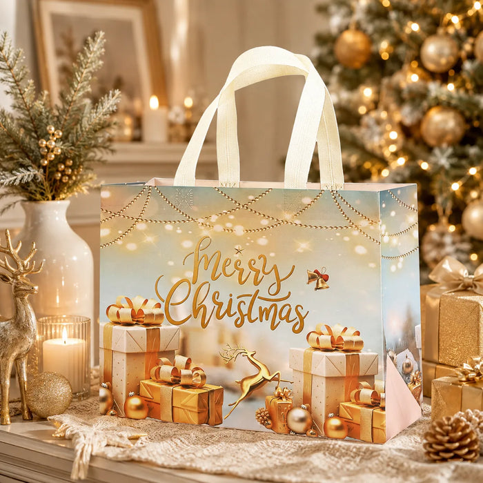 Gold and cream Christmas gift tote bag with presents and festive decorations