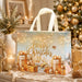 Gold and cream Christmas gift tote bag with presents and festive decorations