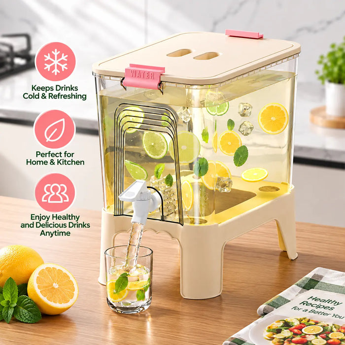 Drink dispenser with fruit-infused water and front dispensing tap for home and kitchen use