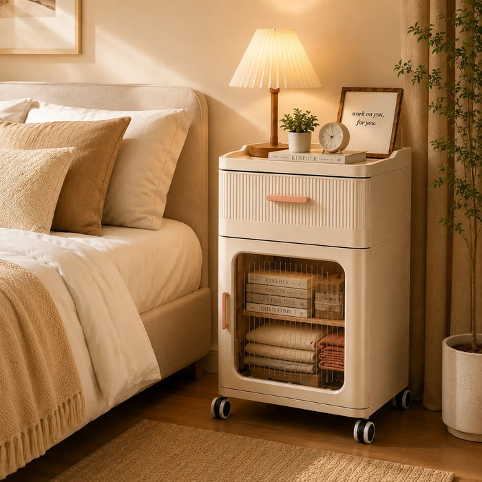 Storage cabinet with drawer and cabinet used as a bedside storage table