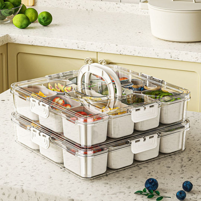 Stackable pantry food storage container with airtight lid and carry handle on kitchen countertop
