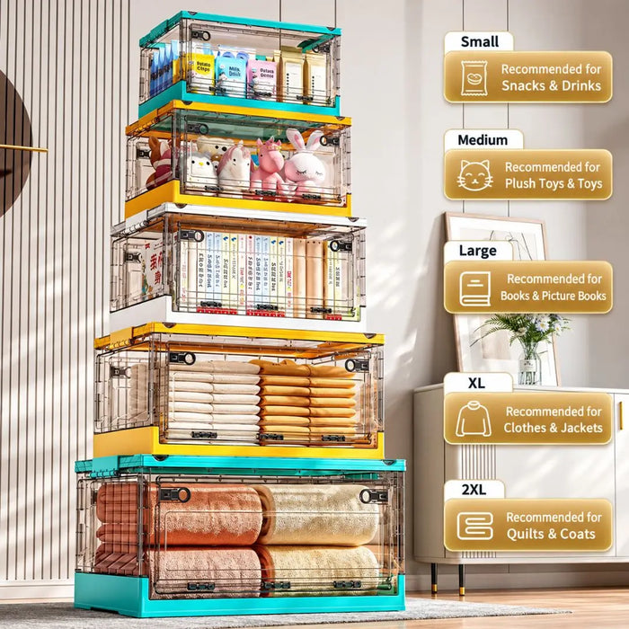 Foldable storage boxes in different sizes for snacks, toys, books, clothing and quilts