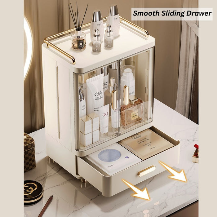 Makeup organiser with smooth sliding bottom drawer for beauty storage