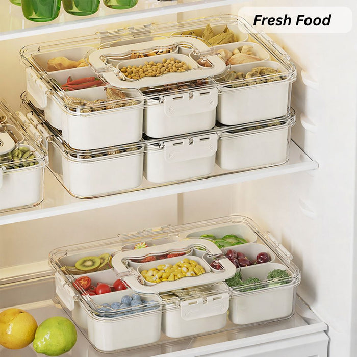 Stackable airtight food storage boxes organised neatly inside refrigerator shelves