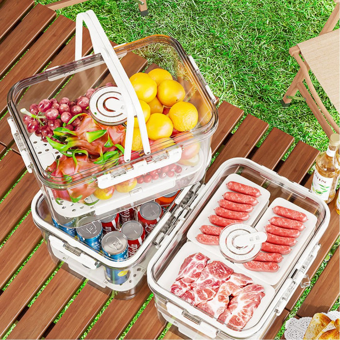 Fridge Storage Container with removable trays holding meat, sausages and beverages