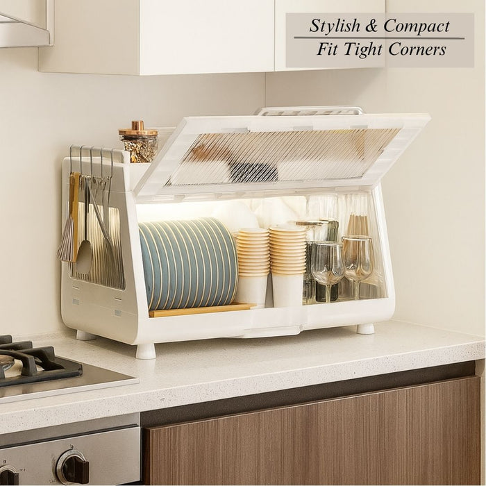 Dish Drying Cabinet with Lid – Compact Countertop Dish Rack with Drain Tray
