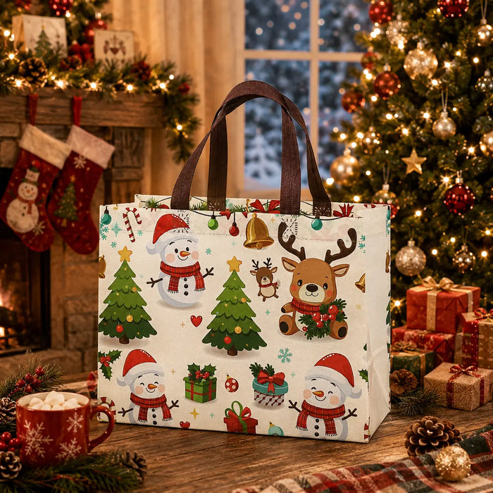 Cream Christmas tote bag featuring snowmen, reindeer, Christmas trees, gifts, ornaments and festive holiday icons