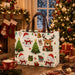 Cream Christmas tote bag featuring snowmen, reindeer, Christmas trees, gifts, ornaments and festive holiday icons