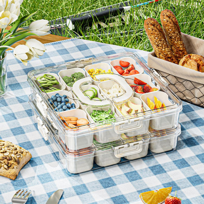 Kitchen food storage container stacked for outdoor picnic with organised fresh ingredients