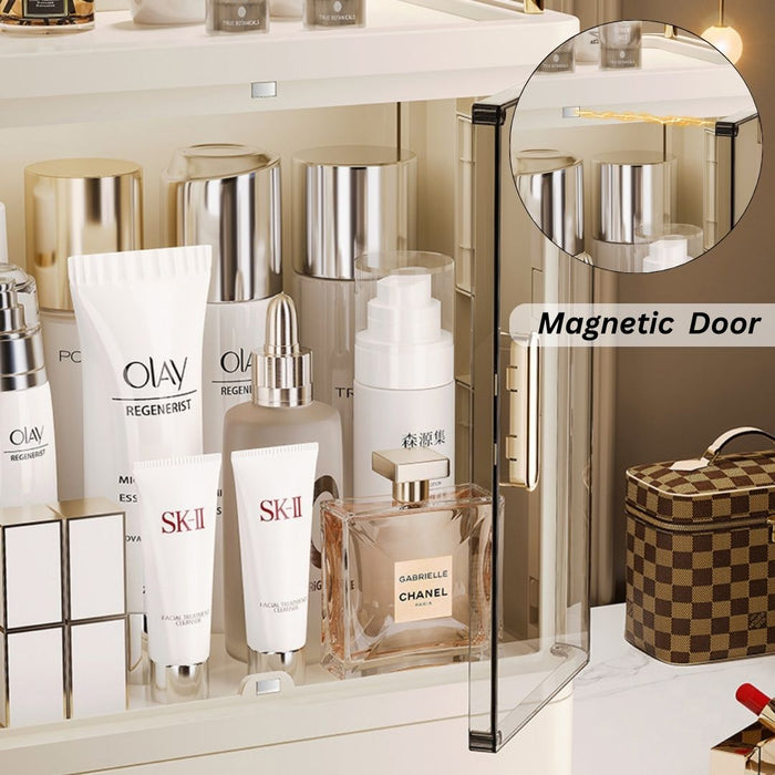 Makeup organiser with transparent magnetic door for dustproof cosmetic storage