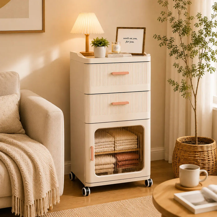 Tall storage cabinet with drawers and enclosed storage compartment for bedroom or living room