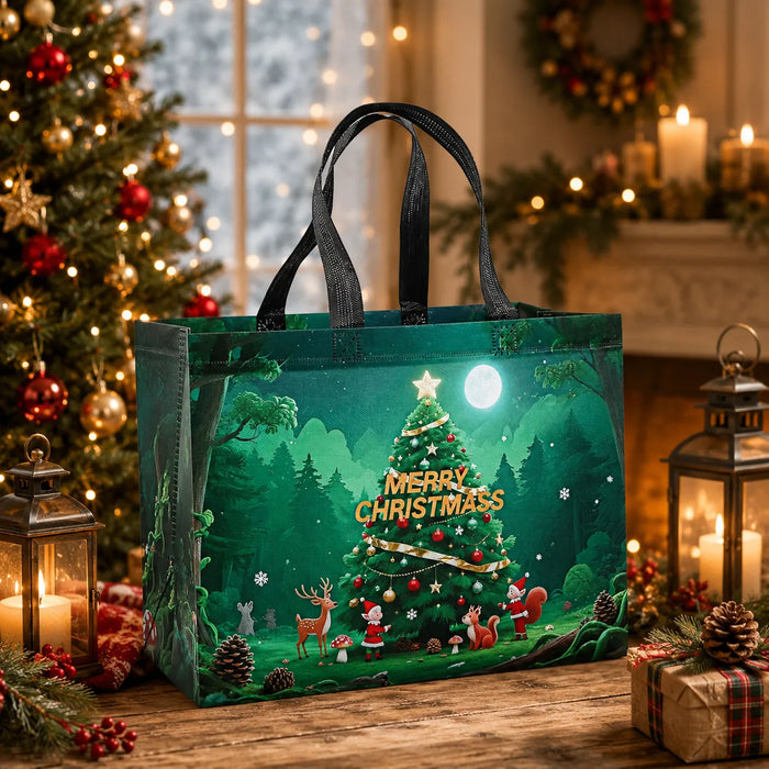 Green Christmas tote bag with decorated Christmas tree, reindeer and festive woodland scene