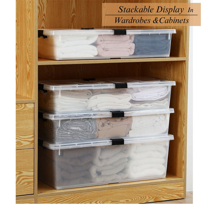 Stacked Plastic Storage Box units neatly arranged inside wardrobe cabinet