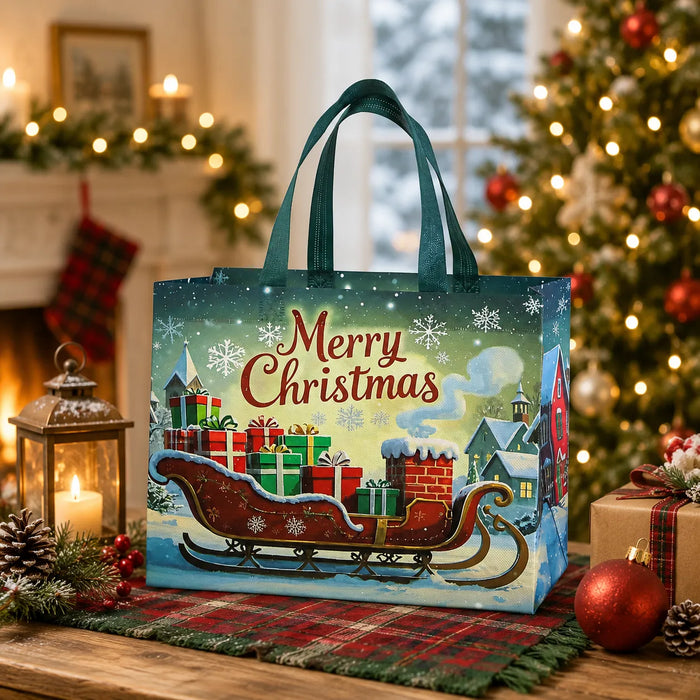 Blue and teal Christmas tote bag with gift presents, sleigh and winter village design