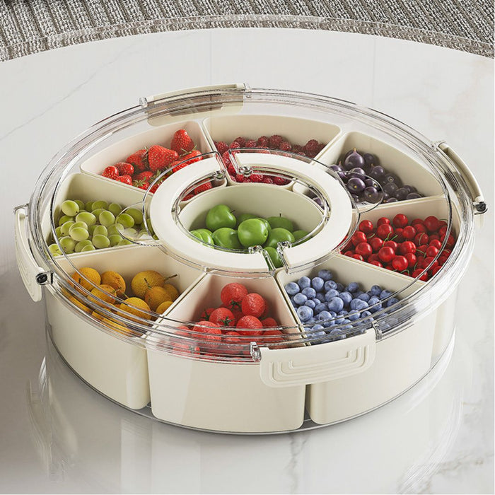 Circular Food Storage Container with transparent locking lid and separated fruit compartments