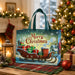 Blue and teal Christmas tote bag with gift presents, sleigh and winter village design