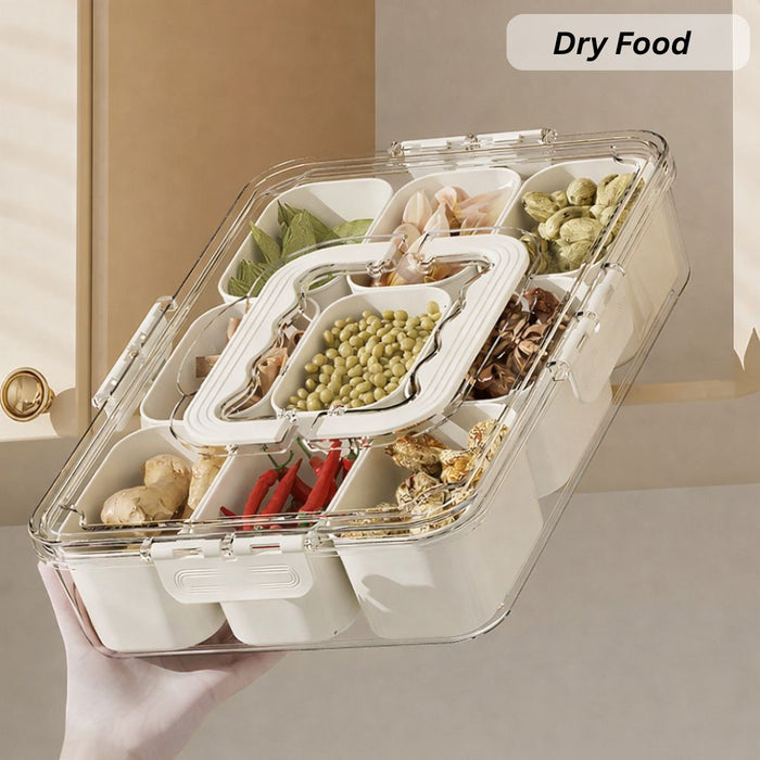 Portable multi-compartment storage box filled with assorted dry ingredients