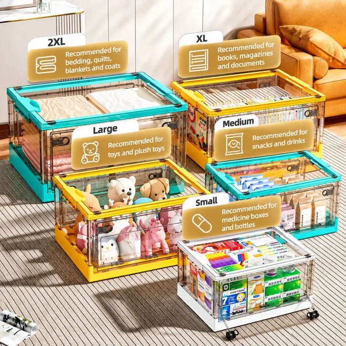 Collapsible storage boxes for bedding, toys, books, snacks and medicine storage