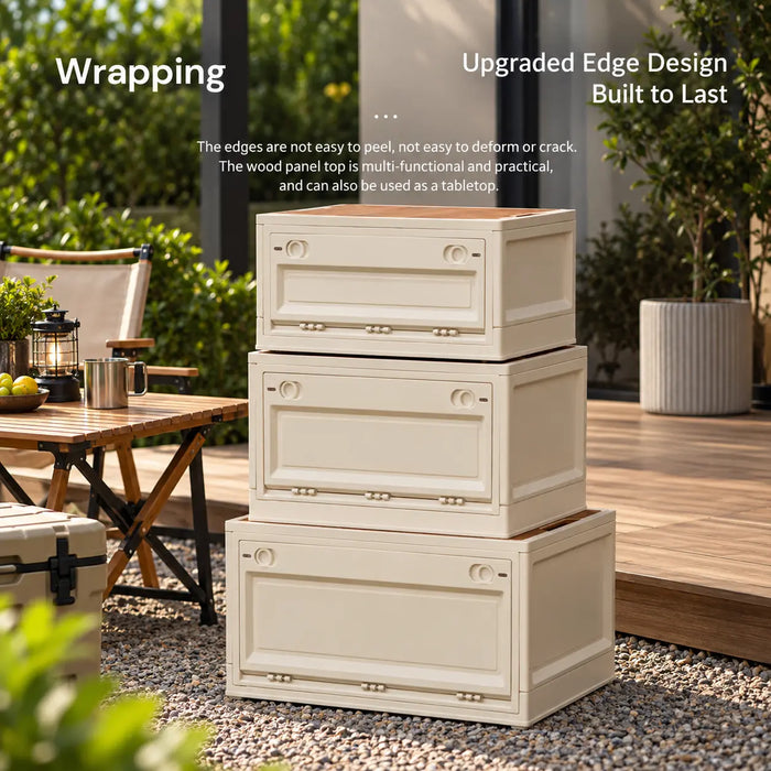 Stackable camping storage boxes with durable edges and wood-look tabletop