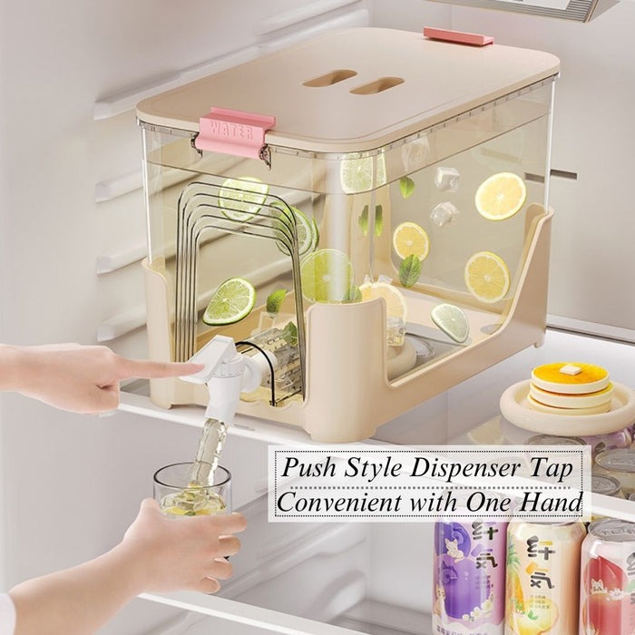 Push-style Drink Dispenser With Tap allowing one-hand pouring inside fridge