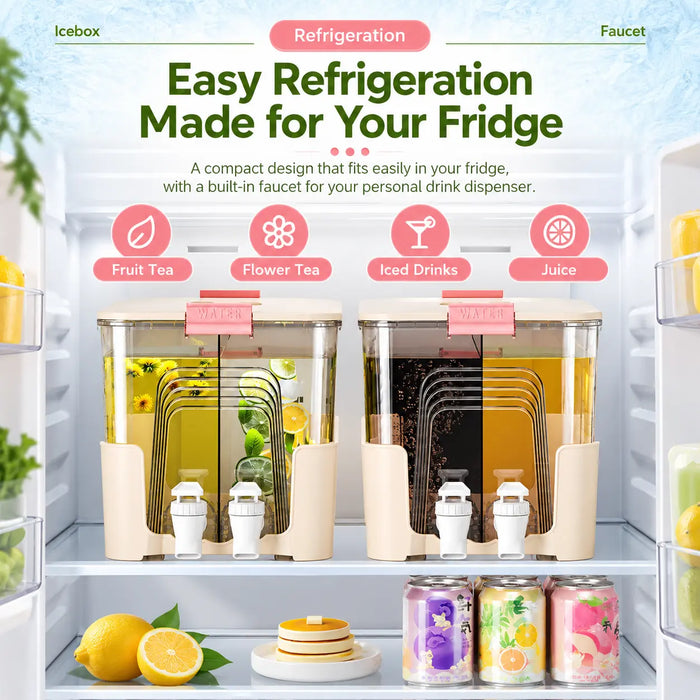 Drink dispensers stored inside a refrigerator for chilled fruit tea, iced drinks and juice