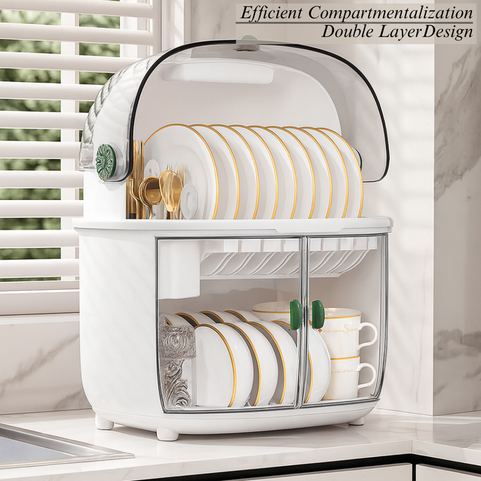 2 Tier Dish Rack with double-layer compartment design for plates and cups