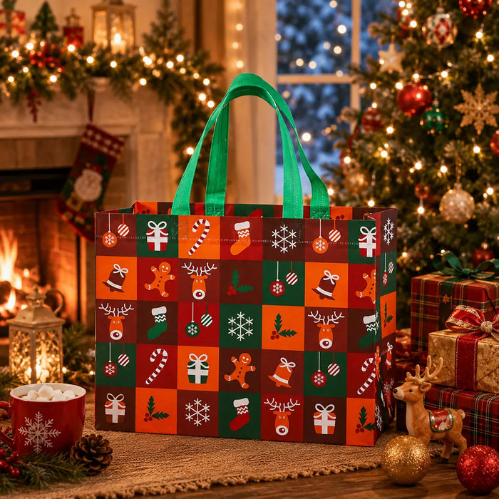 Red, green and orange Christmas tote bag with square patchwork pattern featuring reindeer, gifts, candy canes, stockings, bells and ornaments.