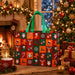 Red, green and orange Christmas tote bag with square patchwork pattern featuring reindeer, gifts, candy canes, stockings, bells and ornaments.