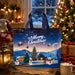Navy blue Christmas tote bag featuring a snowy winter village, Christmas tree, snowmen and Santa in a sleigh.