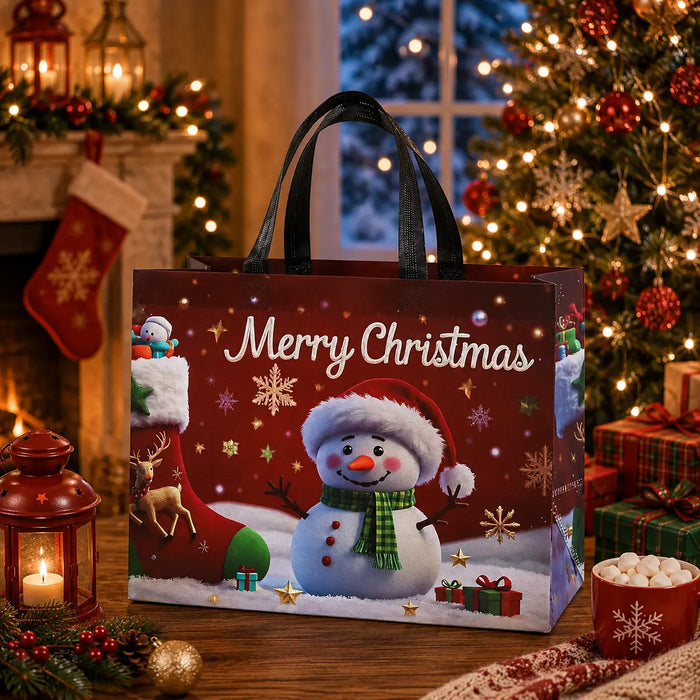 Red Christmas tote bag featuring a cheerful snowman in a Santa hat and green scarf, with snowflakes, stars, and Christmas gifts