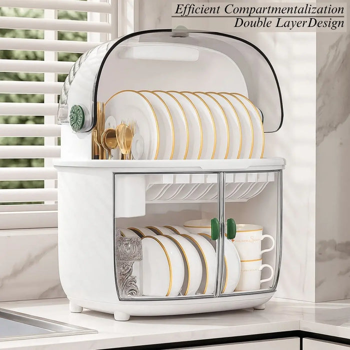 Two tier dish rack with double layer design and separate compartments for organised dish storage